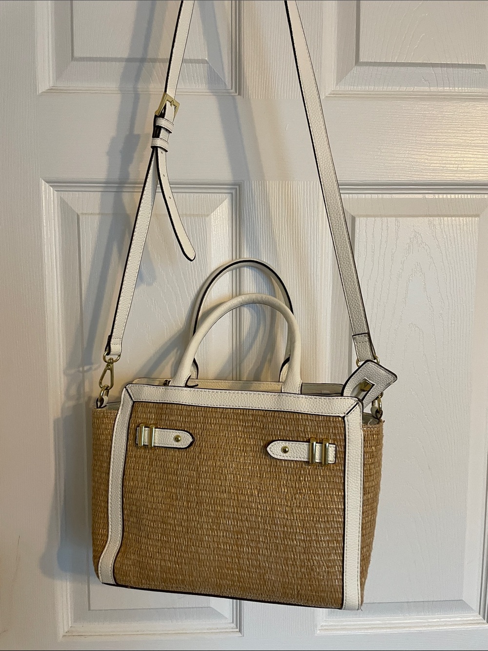 Structured Woven Tote Bag with White Trim - Classic Summer Handbag